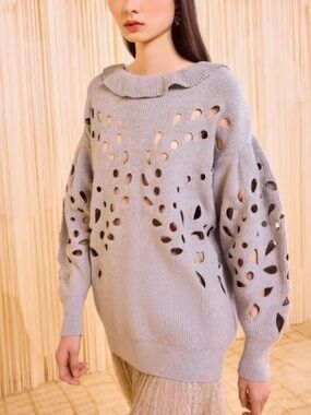 Ulla Johnson Francia eyelet ruffle pullover sweater grey medium embroidered